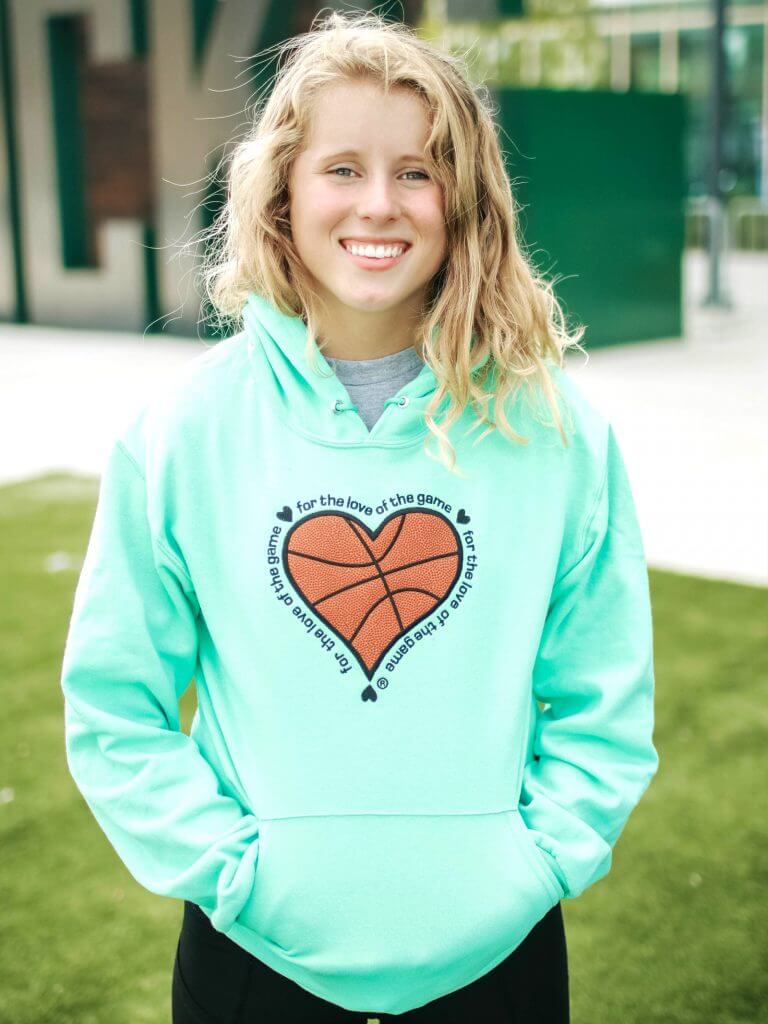 For the Love of the Game with Basketball detail on Cool Mint hoodie