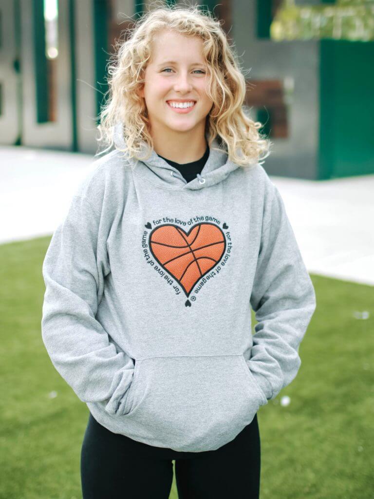 For the Love of the Game with Basketball detail on Oxford Grey hoodie